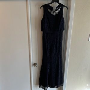 Navy Formal Gown with jewel neck detail